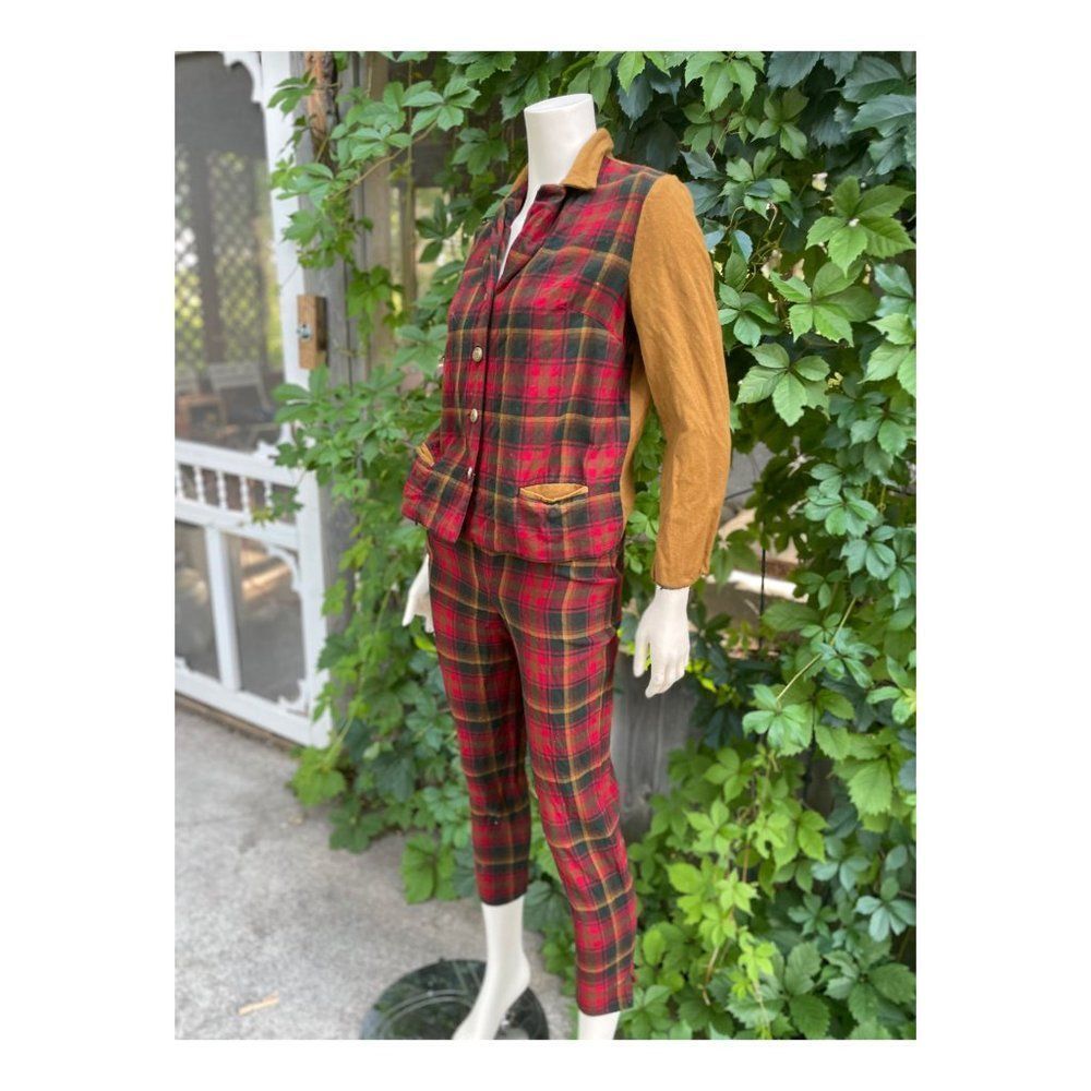 Highland Queen Virgin Wool Plaid Trouser Set 1960s Green Red Tobacco Sz 10 Maple